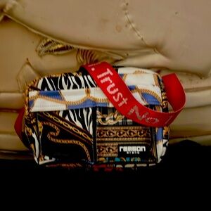 Purse, multicolor,Trust No One, adjustable red straps with logo,two zip  opening